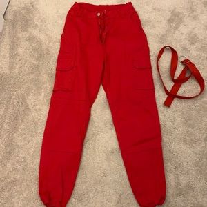 High wasted red cargo joggers